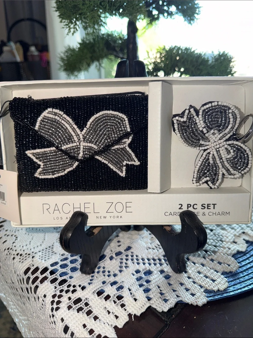 Rachel Zoe Black Beaded Card Case with Black & White Bow Charm